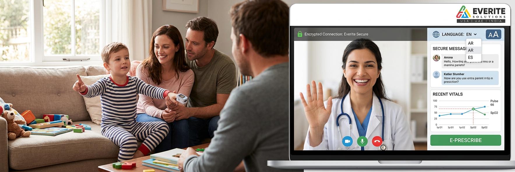 349c7df3 c6f9 4982 b85c 79282f7ce97fhealthcare technology trends pediatric telemedicine healthcare technology trends A warm pediatric virtual visit with a smiling clinician on a laptop, a child on a couch wearing a pulse oximeter, visible recent vitals, secure messaging, and accessibility toggles.