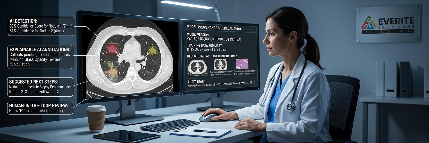 5f412bc6 2009 4e2a b5a5 7d943dbe93echealthcare technology trends ai radiology workspace healthcare technology trends A radiologist reviews a CT scan on dual monitors with transparent AI lesion masks, confidence scores, provenance details, and a human-in-the-loop audit trail.
